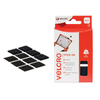 VELCRO Brand Stick On Squares 25mm Black (Pack 24)
